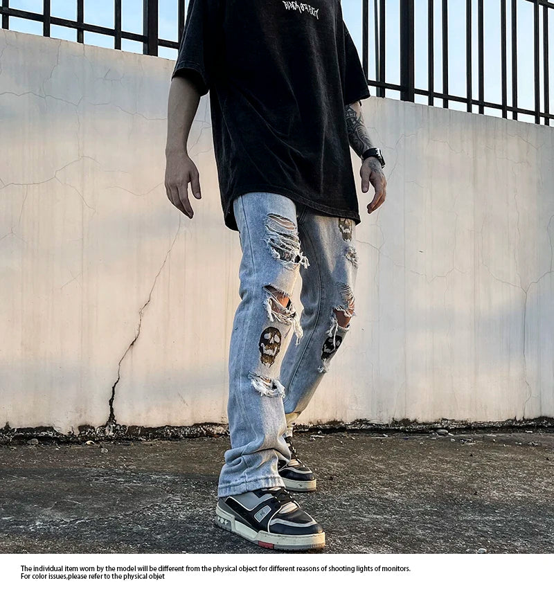 fashion skull printed denim jeans mens destoryed holes zipper flare jeans hip hop streetwear summer casual joggers jeans pants unique joggers style 2766