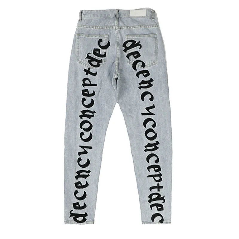 men back letter embroidery denim jean pants fashion slim zipper biker jeans trouser new casual hip hop streetwear pants joggers unique joggers style 278