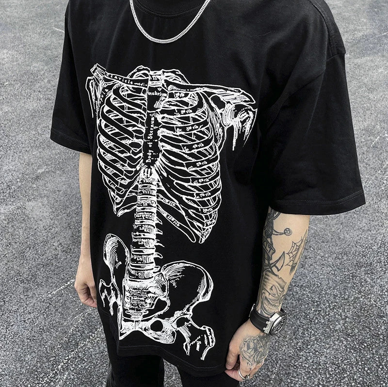 Summer Hip-hop Skull Printed Men Short-sleeved T-shirt Cotton Casual Unisex O-neck Loose Harajuku Short-sleeved Tops Tee T-shirt Street King Limited