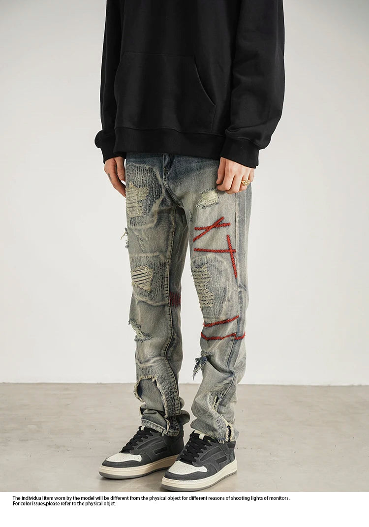 destroyed ripped straight jeans pants mens distressed biker jeans fashion irregular embroidery streetwear hip hop pants joggers unique joggers style 2941