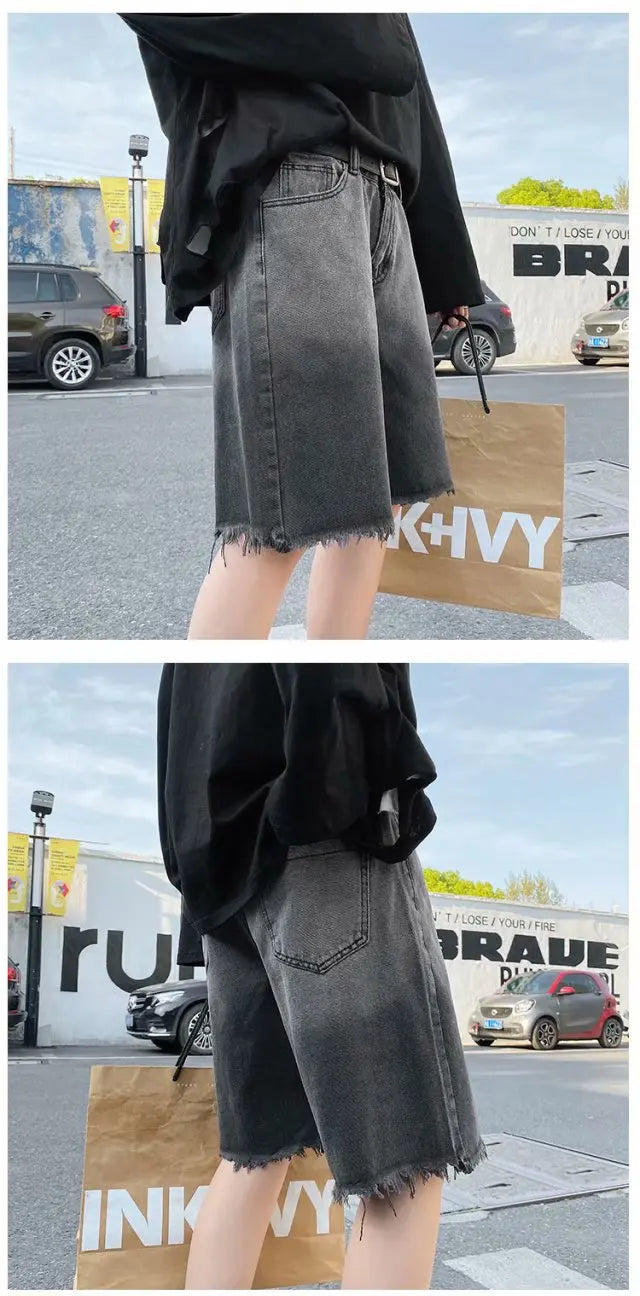 Summer Gradient Denim Shorts Men's Fashion Retro Denim Shorts Mens Streetwear Korean Loose Hip-hop Straight Denim Shorts Men Street King Limited