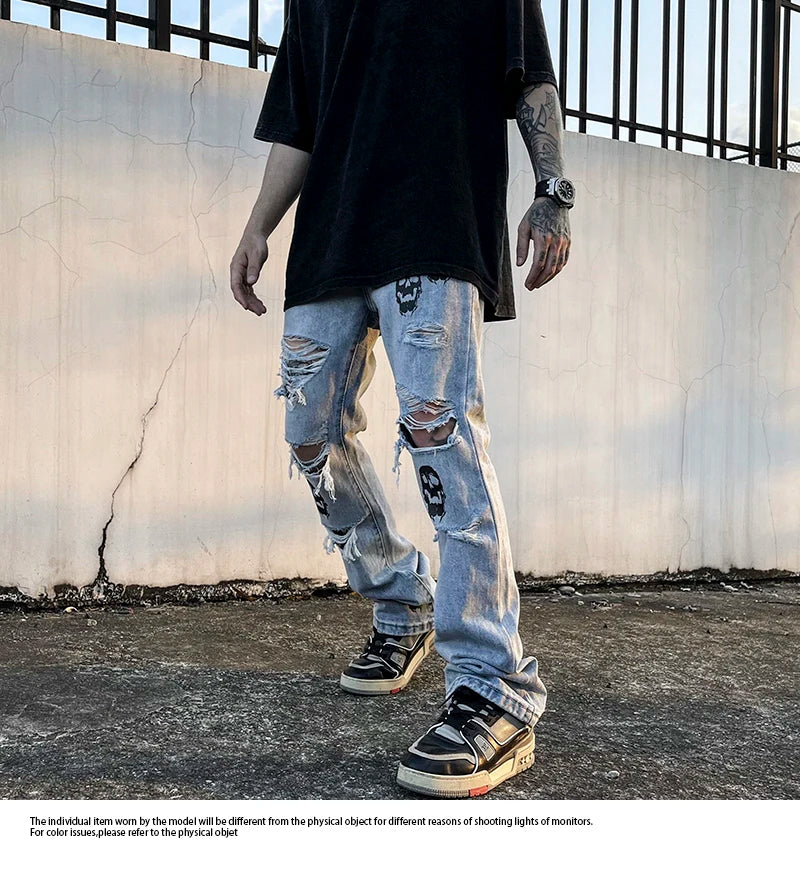 fashion skull printed denim jeans mens destoryed holes zipper flare jeans hip hop streetwear summer casual joggers jeans pants unique joggers style 2765