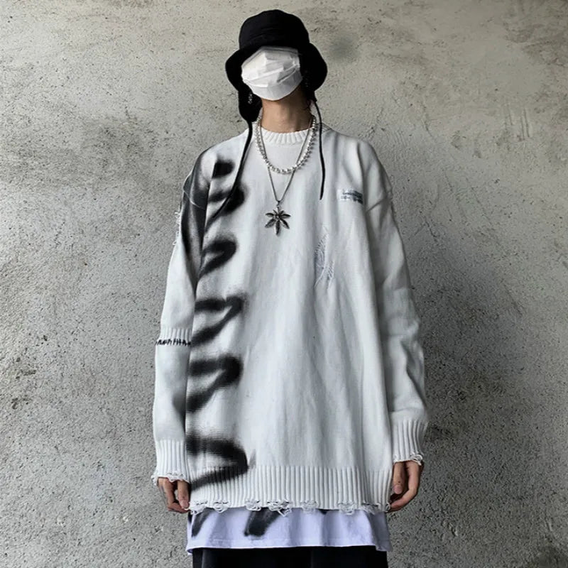 Mens Hip Hop Destroy Ripped Holes Streetwear Graffiti Harajuku Sweater Vintage Retro Knitted Sweater New Casual Cotton Pullover Street King Limited