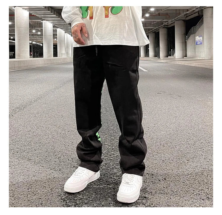 men jeans hip hop letters embroidery denim jeans high street casual loose straight elastic waist joggers hip hop streetwear pant unique joggers style 2852
