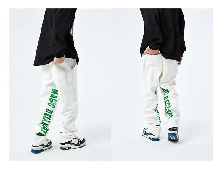 men jeans hip hop letters embroidery denim jeans high street casual loose straight elastic waist joggers hip hop streetwear pant unique joggers style 2857
