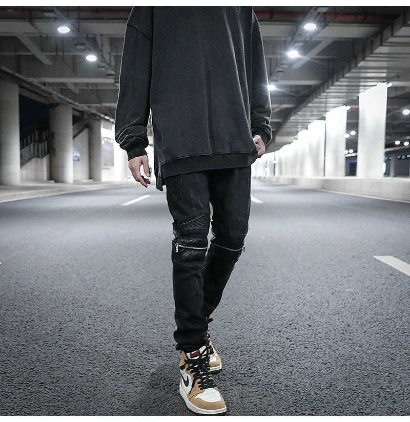 knee zipper hole patckwork skinny denim jeans men casual slim biker trousers jeans fashion streetwear hip hop jean pants joggers unique joggers style 23