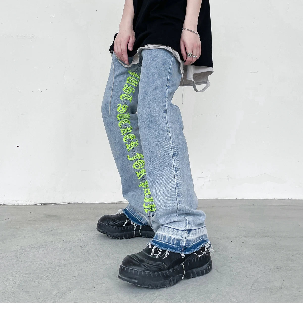 fashion letters embroidery denim flare jeans mens high street elastic waist straight trouser hip hop streetwear pants joggers unique joggers style 3780