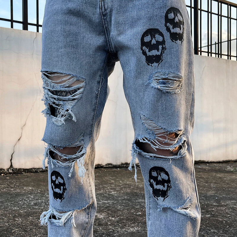 fashion skull printed denim jeans mens destoryed holes zipper flare jeans hip hop streetwear summer casual joggers jeans pants unique joggers style 2769