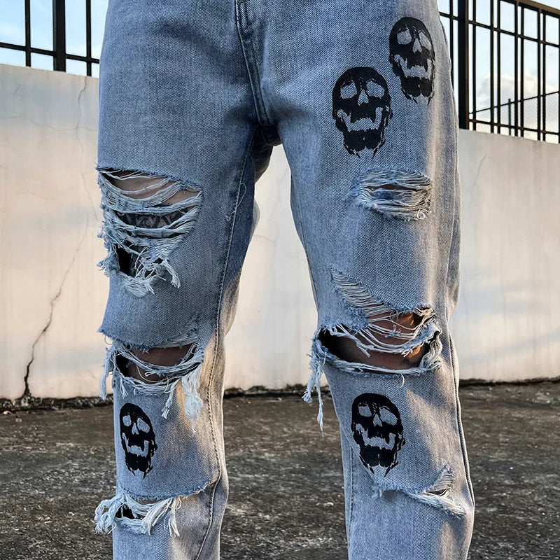 fashion skull printed denim jeans mens destoryed holes zipper flare jeans hip hop streetwear summer casual joggers jeans pants casual joggers