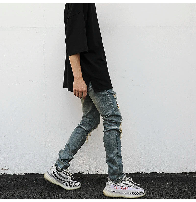 high street butterfly embroidery knee ripped hole jeans mens casual hip hop distressed jeans slim fit skinny denim pants joggers unique joggers style 880