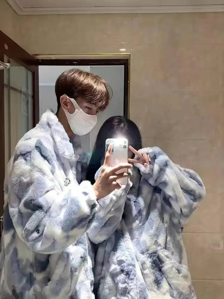 Tie-dyed lamb wool oversized sweater women's fried street high-end sense of warmth couples cotton coat loose lamb plush jacket Street King Limited