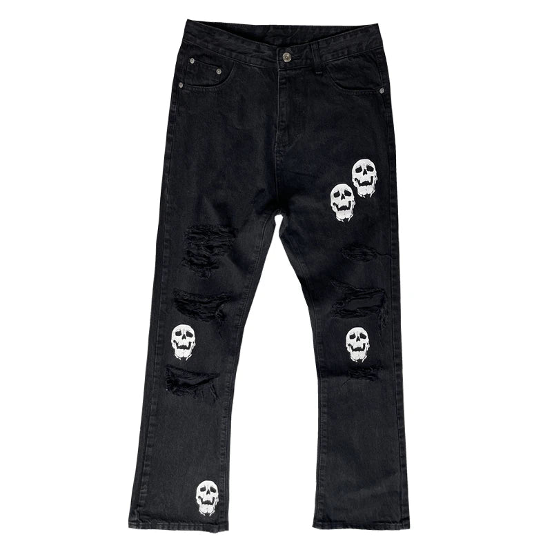 fashion skull printed denim jeans mens destoryed holes zipper flare jeans hip hop streetwear summer casual joggers jeans pants unique joggers style 2759
