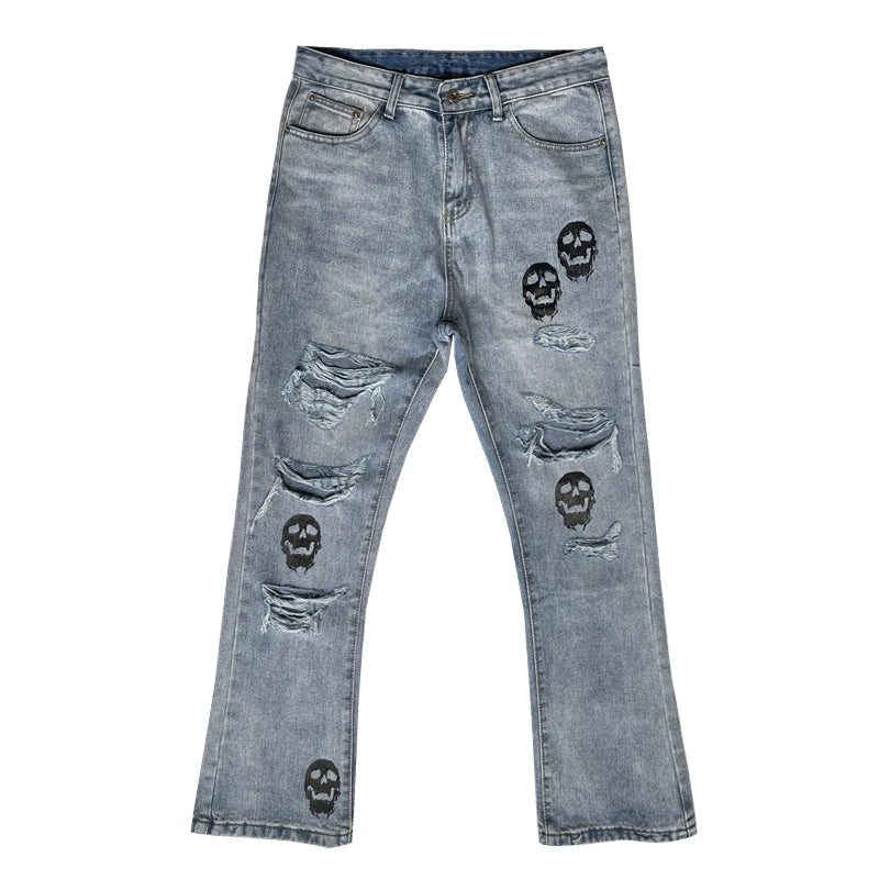 fashion skull printed denim jeans mens destoryed holes zipper flare jeans hip hop streetwear summer casual joggers jeans pants unique joggers style 2770