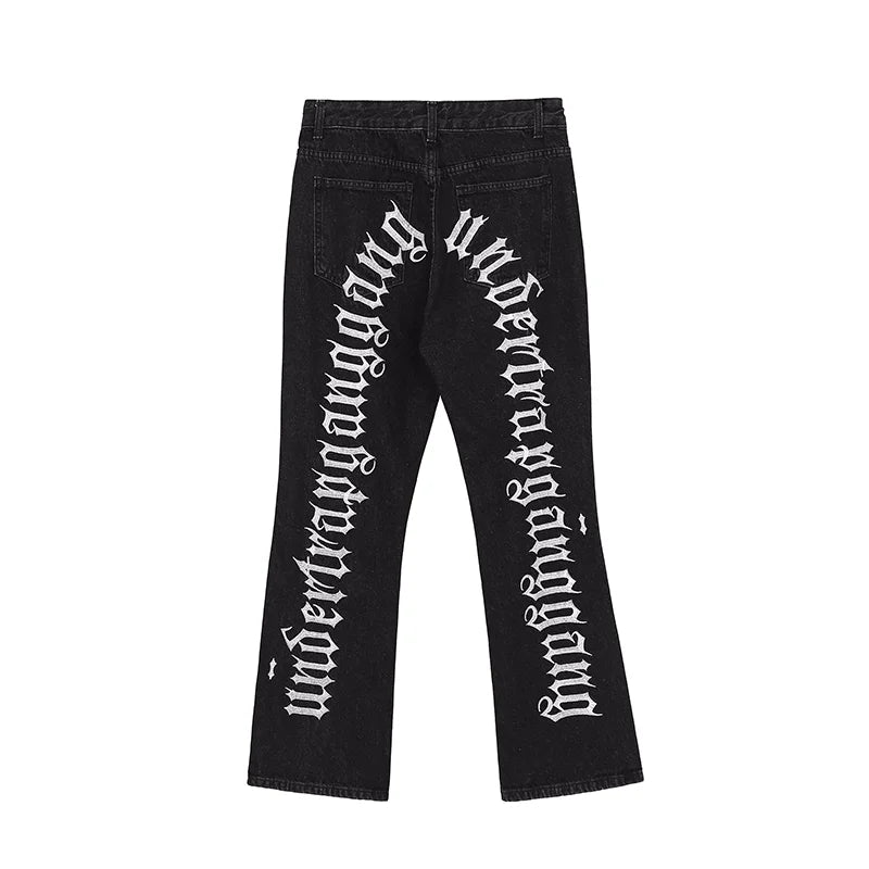 fashion back letters embroidery denim flare jeans mens zipper straight trouser hip hop destroy holes streetwear pants joggers sporty tapered joggers