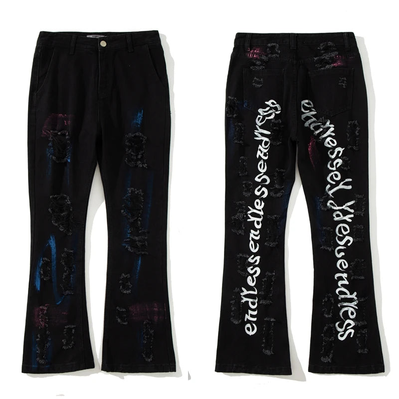 fashion back letters printed denim flare jeans mens zipper straight trouser hip hop destroy holes streetwear jean pants joggers unique joggers style 4646