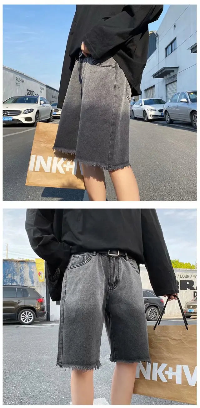 Summer Gradient Denim Shorts Men's Fashion Retro Denim Shorts Mens Streetwear Korean Loose Hip-hop Straight Denim Shorts Men Street King Limited