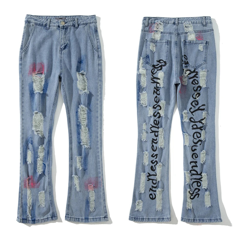 fashion back letters printed denim flare jeans mens zipper straight trouser hip hop destroy holes streetwear jean pants joggers unique joggers style 4645