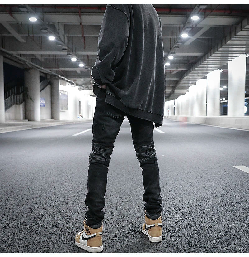 knee zipper hole patckwork skinny denim jeans men casual slim biker trousers jeans fashion streetwear hip hop jean pants joggers unique joggers style 25