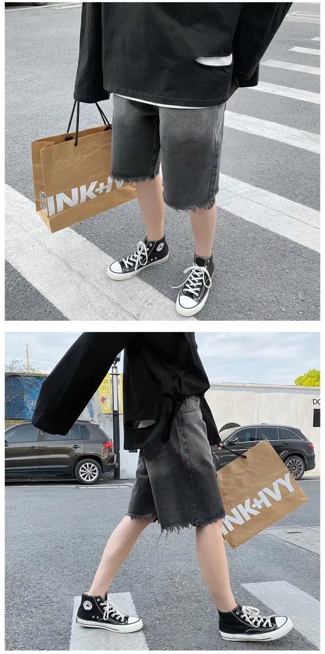 Summer Gradient Denim Shorts Men's Fashion Retro Denim Shorts Mens Streetwear Korean Loose Hip-hop Straight Denim Shorts Men Street King Limited