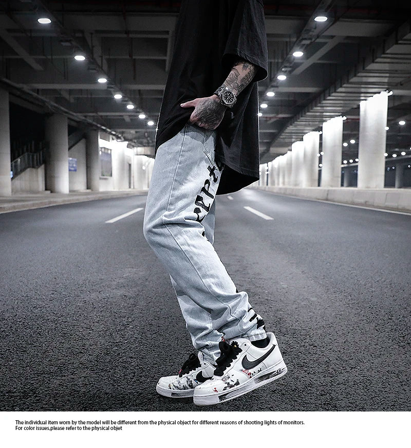 men back letter embroidery denim jean pants fashion slim zipper biker jeans trouser new casual hip hop streetwear pants joggers unique joggers style 287