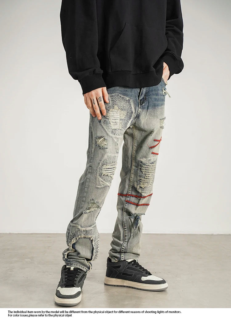 destroyed ripped straight jeans pants mens distressed biker jeans fashion irregular embroidery streetwear hip hop pants joggers unique joggers style 2946