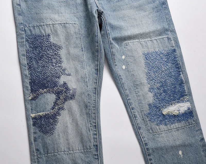 Heavy Industry Electric Embroidery Burning Washed Jeans Mens and Womens Patchwork Streetwear Harajuku Oversize Denim Trousers Street King Limited