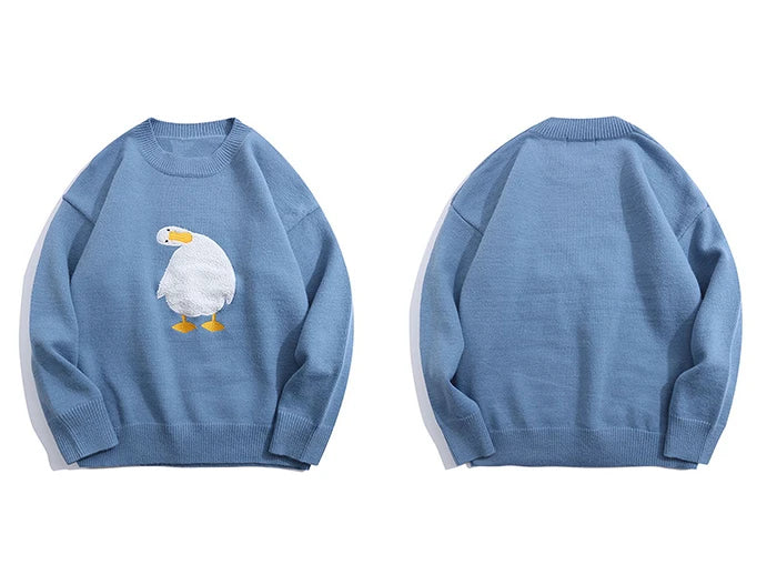 Men Harajuku Sweater Cartoon Duck Goose Embroidery Knitted Pullover Japanese College Style O-Neck Jumper Unisex Spring Autunm Street King Limited