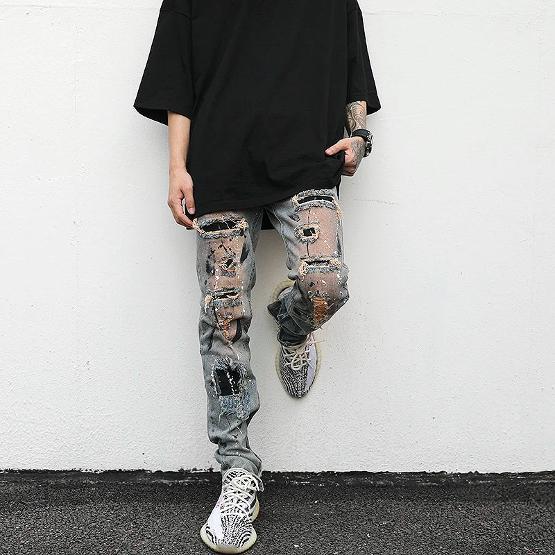 bottom zipper destroyed jeans skinny jeans ripped slim men biker jeans fashion graffiti printed streetwear hip hop pants joggers sporty tapered joggers