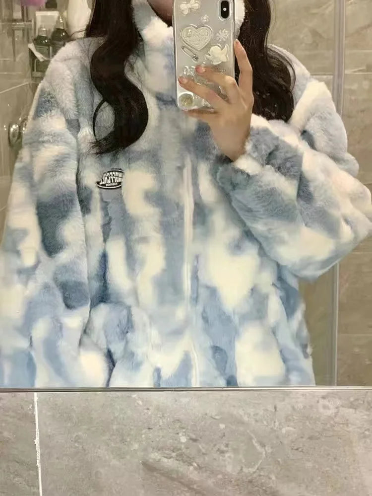 Tie-dyed lamb wool oversized sweater women's fried street high-end sense of warmth couples cotton coat loose lamb plush jacket Street King Limited