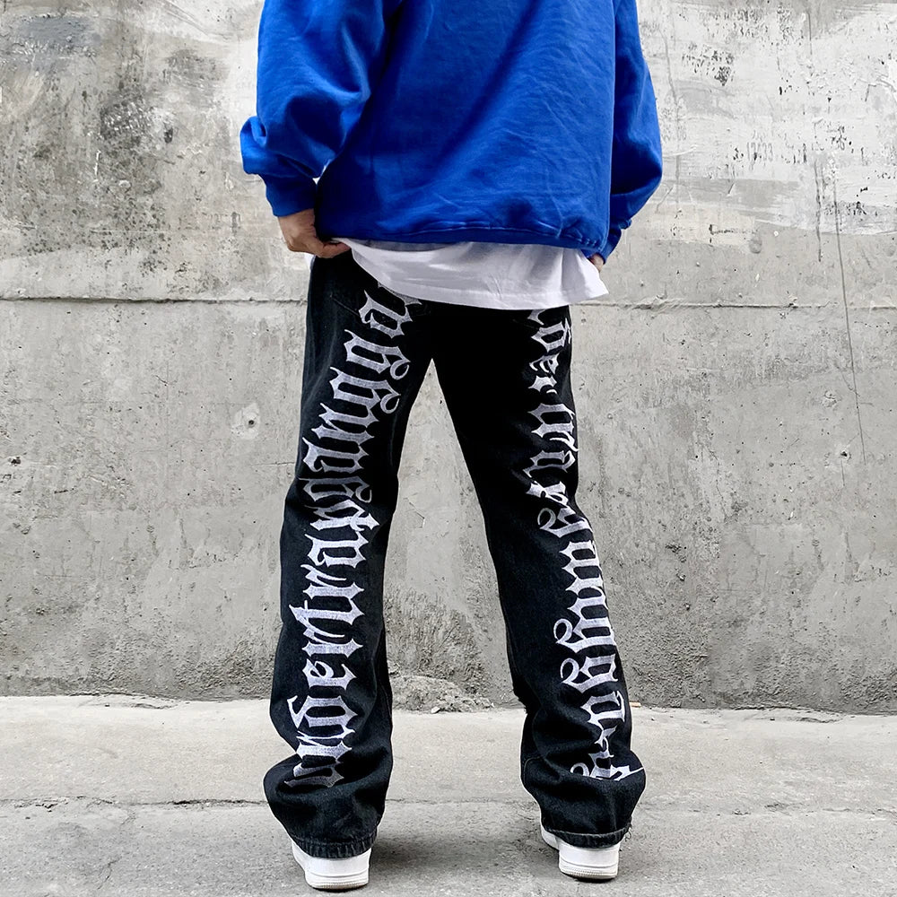 fashion back letters embroidery denim flare jeans mens zipper straight trouser hip hop destroy holes streetwear pants joggers unique joggers style 4604