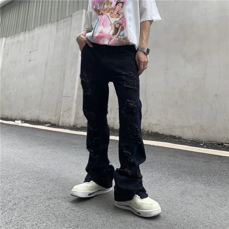 fashion back letters printed denim flare jeans mens zipper straight trouser hip hop destroy holes streetwear jean pants joggers unique joggers style 4650