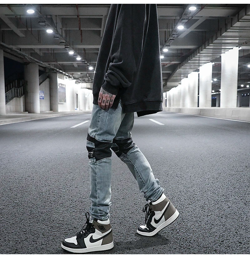 knee zipper hole patckwork skinny denim jeans men casual slim biker trousers jeans fashion streetwear hip hop jean pants joggers unique joggers style 15