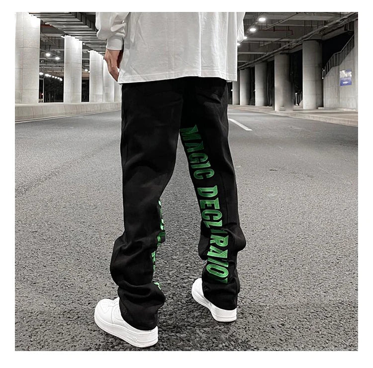 men jeans hip hop letters embroidery denim jeans high street casual loose straight elastic waist joggers hip hop streetwear pant unique joggers style 2855