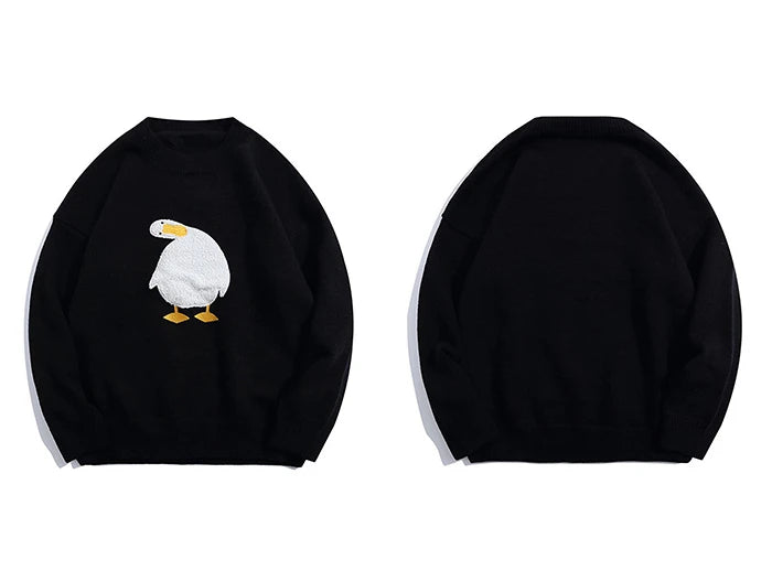 Men Harajuku Sweater Cartoon Duck Goose Embroidery Knitted Pullover Japanese College Style O-Neck Jumper Unisex Spring Autunm Street King Limited