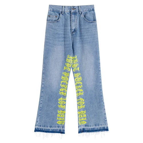 fashion letters embroidery denim flare jeans mens high street elastic waist straight trouser hip hop streetwear pants joggers unique joggers style 3767