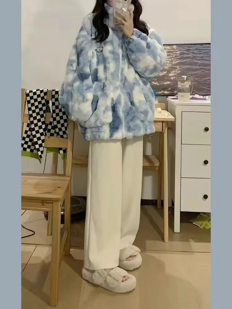 Tie-dyed lamb wool oversized sweater women's fried street high-end sense of warmth couples cotton coat loose lamb plush jacket Street King Limited