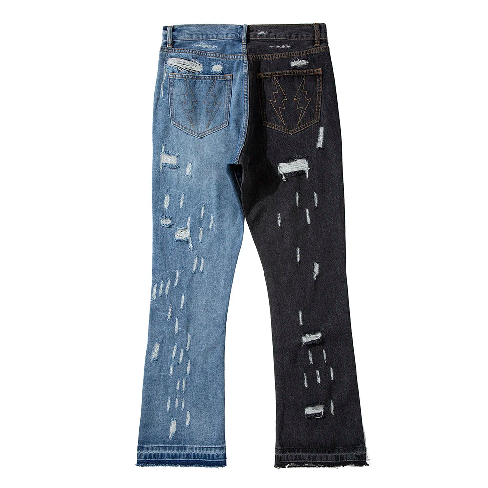 swag washed destroyed flare jeans streetwear hip hop slim fit ripped men black blue colorblocked flared denim pant for men unique jeans style 1507