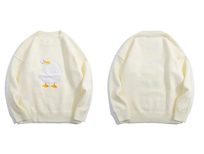 Men Harajuku Sweater Cartoon Duck Goose Embroidery Knitted Pullover Japanese College Style O-Neck Jumper Unisex Spring Autunm Street King Limited