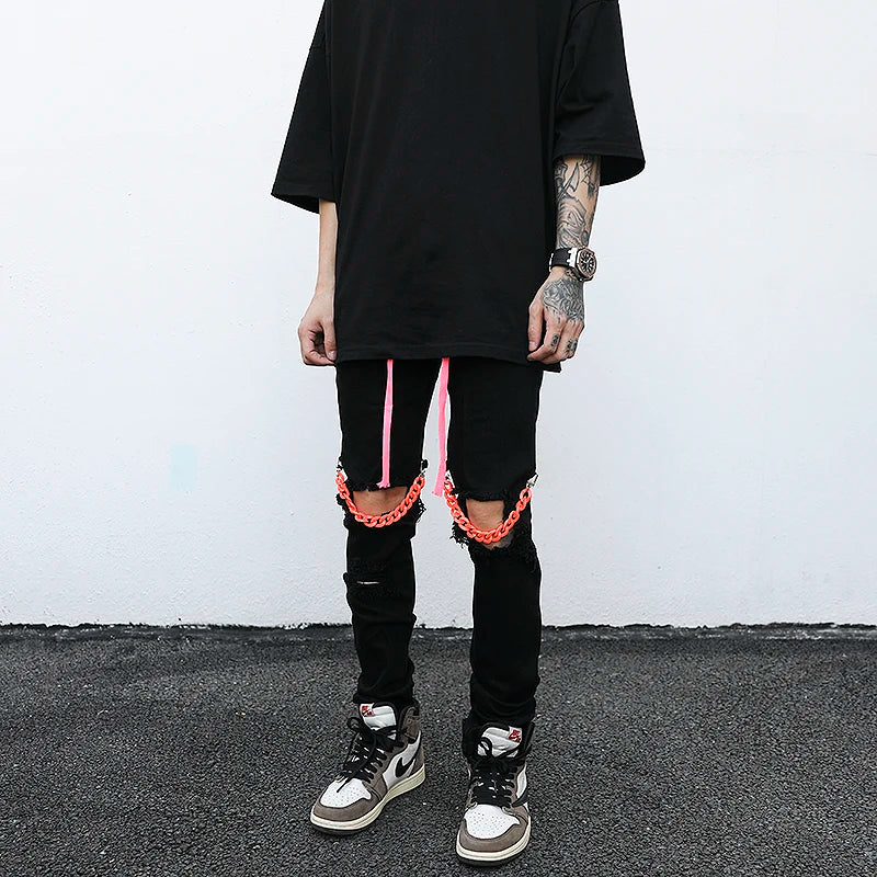 high street knee hole with chain ripped biker jeans mens slim fit denim pants autumn new streetwear casual hip hop pants joggers urban active pants
