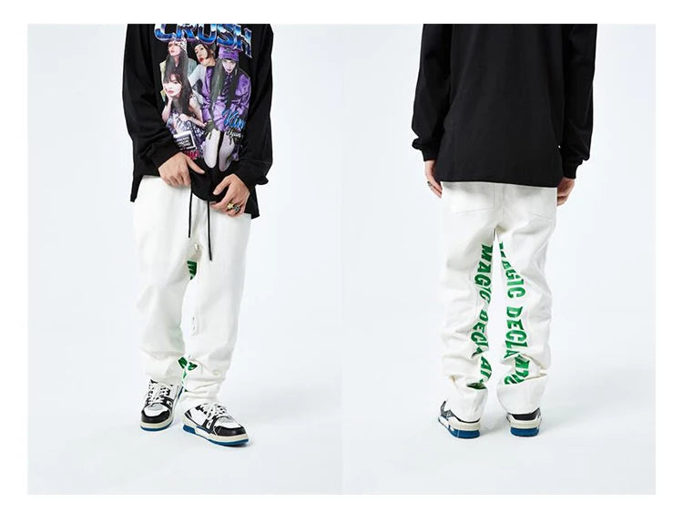 men jeans hip hop letters embroidery denim jeans high street casual loose straight elastic waist joggers hip hop streetwear pant unique joggers style 2856