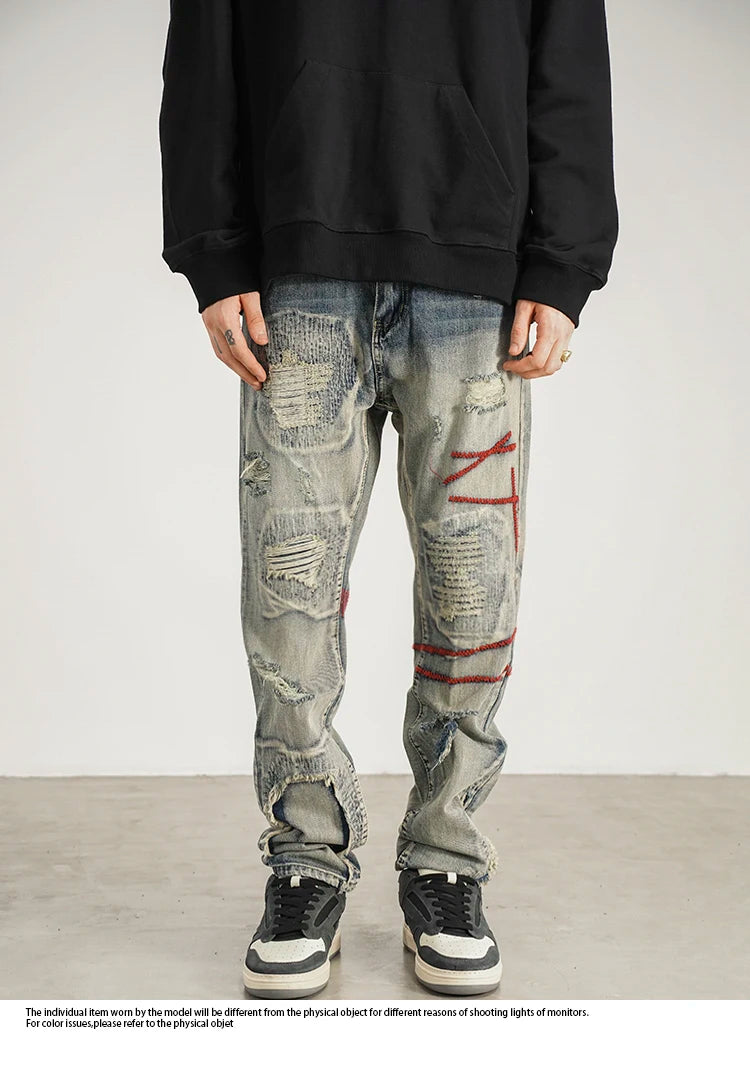 destroyed ripped straight jeans pants mens distressed biker jeans fashion irregular embroidery streetwear hip hop pants joggers unique joggers style 2940