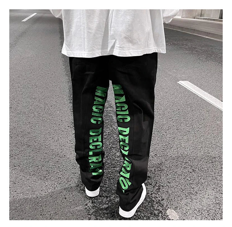 men jeans hip hop letters embroidery denim jeans high street casual loose straight elastic waist joggers hip hop streetwear pant unique joggers style 2853