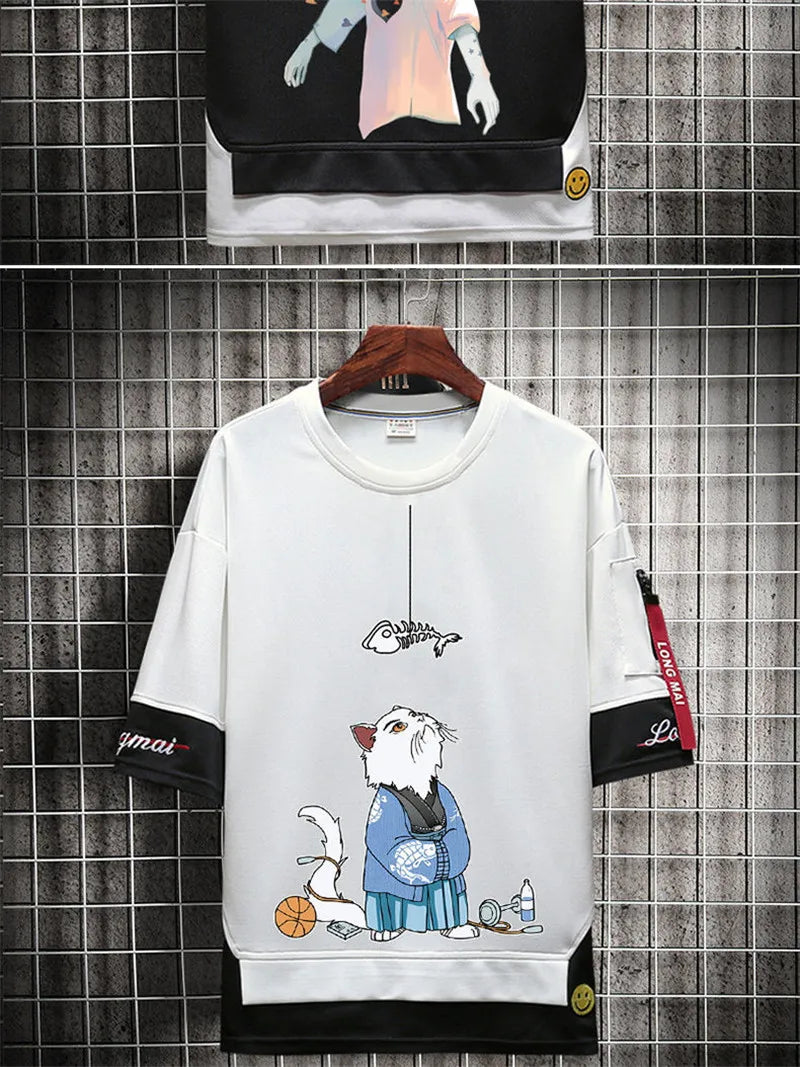 Hip Hop Kahaki T Shirt Short Sleeve Kawaii Harajuku Cat T Shirts Fashion Tee Streetwear Japan High Street Shirt Men 2021 Tops Street King Limited