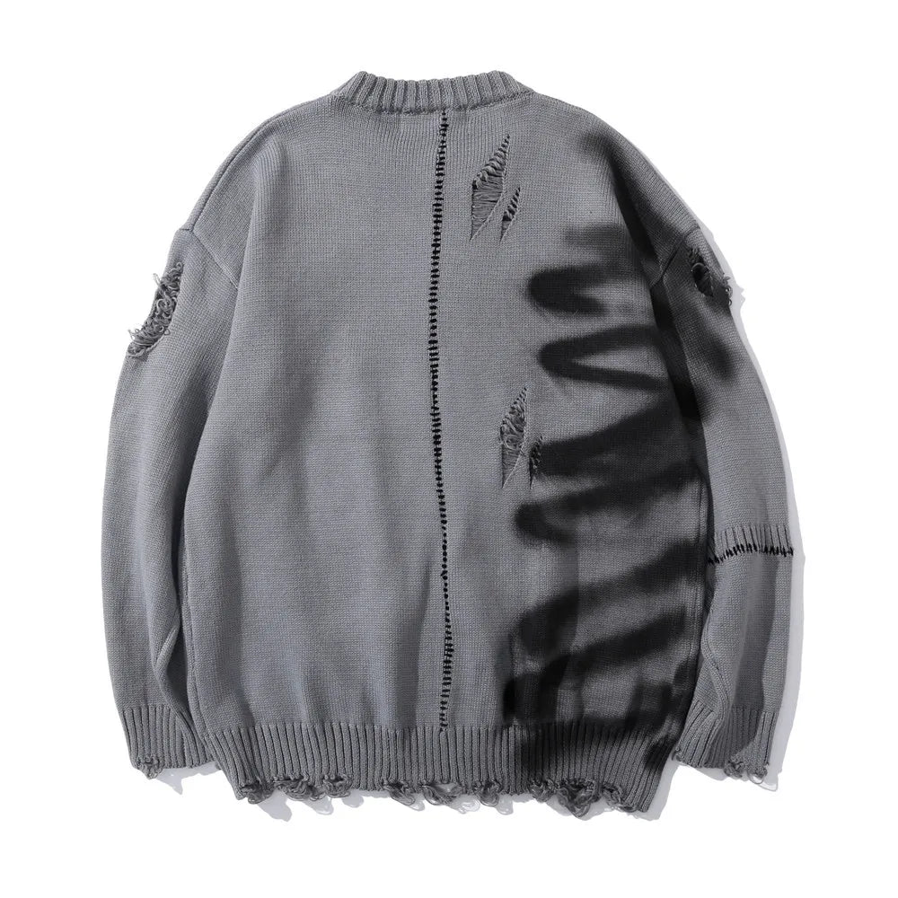 Mens Hip Hop Destroy Ripped Holes Streetwear Graffiti Harajuku Sweater Vintage Retro Knitted Sweater New Casual Cotton Pullover Street King Limited