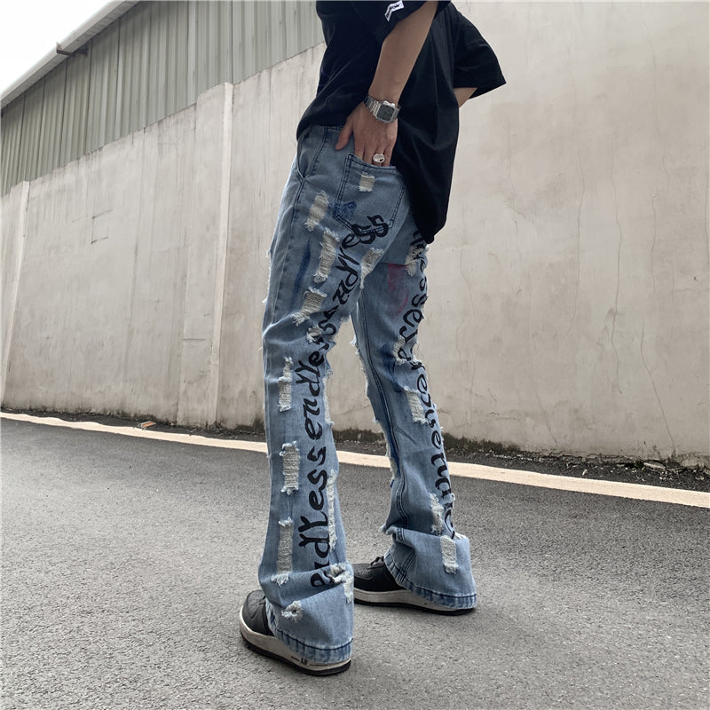 fashion back letters printed denim flare jeans mens zipper straight trouser hip hop destroy holes streetwear jean pants joggers unique joggers style 4657