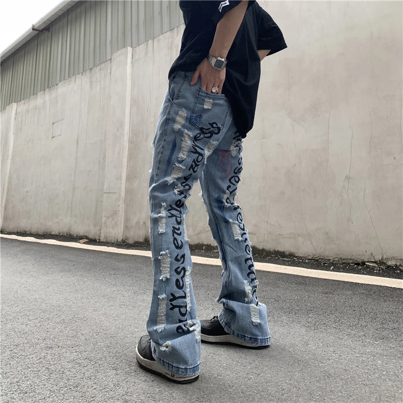 fashion back letters printed denim flare jeans mens zipper straight trouser hip hop destroy holes streetwear jean pants joggers relaxed fit joggers