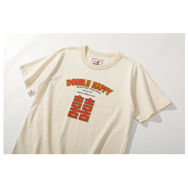 Summer New 100% Cotton Double Happy Chinese Printed Cultural T Shirt Men Vintage Causal O-neck Basic T-shirt Male Classical Tops Street King Limited
