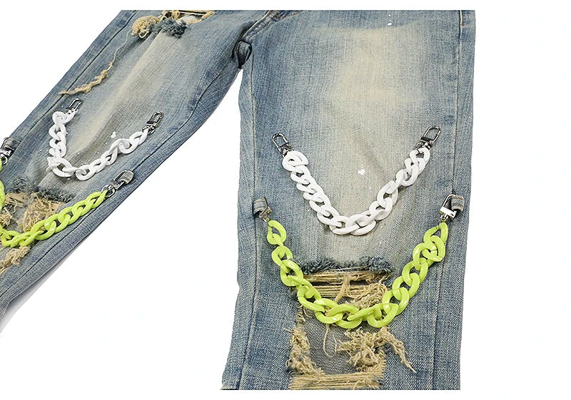 high street knee hole with chain ripped biker jeans mens slim fit denim pants autumn new streetwear casual hip hop pants joggers unique joggers style 3262