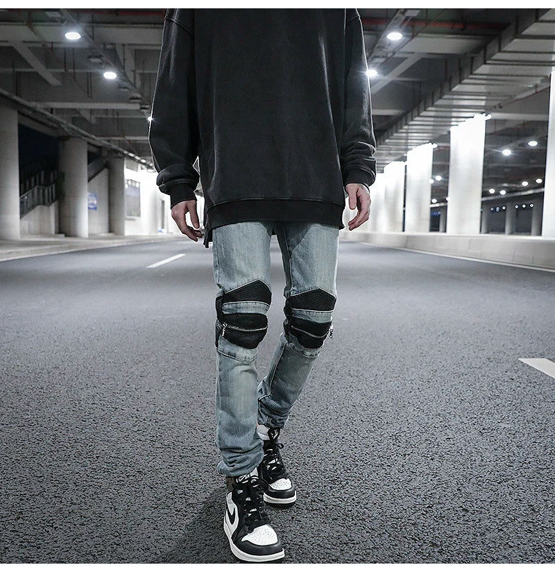 knee zipper hole patckwork skinny denim jeans men casual slim biker trousers jeans fashion streetwear hip hop jean pants joggers unique joggers style 14