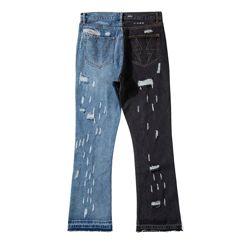 swag washed destroyed flare jeans streetwear hip hop slim fit ripped men black blue colorblocked flared denim pant for men unique jeans style 1498